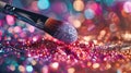 Sparkling Makeup Brush Over Colorful Glitter Background Royalty Free Stock Photo