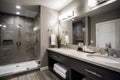 sparkling mirror hanging on the wall of luxurious bathroom, with silver fixtures and towels