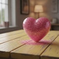 Sparkling Pink Glitter Heart on Rustic Yellow Wooden Table AI-GENERATED Royalty Free Stock Photo