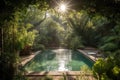 sparkling pool with sunbeams shining down, surrounded by greenery