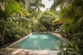 sparkling pool, surrounded by lush foliage and tropical landscape