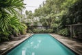 sparkling pool, surrounded by lush greenery