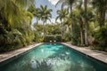 sparkling pool surrounded by lush greenery, with palm trees in the background