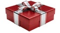 Sparkling red gift box tied with a luxurious silver ribbon and elegant bow on white on white background Royalty Free Stock Photo