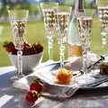 Sparkling rose wine in crystal flute glasses against a bright sunny window.