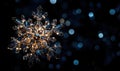 Sparkling snowflake ornament with glowing lights, blue bokeh background