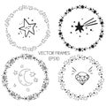 Set of vector graphic circle frames. Wreaths for design, logo template. Stardust, stars, starry sky. Royalty Free Stock Photo