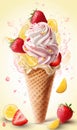 Sparkling summer: Lemon and strawberry ice cream cone with crunchy sprinkles and fruity topping.