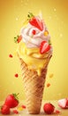 Sparkling summer: Lemon and strawberry ice cream cone with crunchy sprinkles and fruity topping.