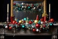 sparkling tinsel and baubles on a mantelpiece