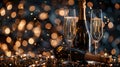 Sparkling Toast for Luxe Celebrations: Champagne Glasses and Bottle on Night Background Royalty Free Stock Photo