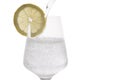 Sparkling water being poured into a glass with a slice of lemon Royalty Free Stock Photo