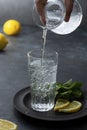 Sparkling water in glass, pouring water in glass