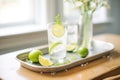 sparkling water glass with a twist of lime on an elegant tray