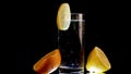 Sparkling Water With Lemon Wedge and Sliced Orange Rotate on Black Background