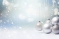 Sparkling white Christmas Balls and ornaments amidst a background of glistening snowflakes with copy paste, for holiday headers, Royalty Free Stock Photo