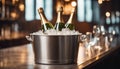 Sparkling wine bottle in ice bucket on blurred restaurant background Royalty Free Stock Photo