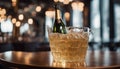 Sparkling wine bottle in ice bucket on blurred restaurant background Royalty Free Stock Photo