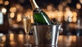 Sparkling wine bottle in ice bucket on blurred restaurant background Royalty Free Stock Photo