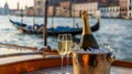 Sparkling wine bottles in an ice bucket and sparkling wine glass on the deck of a boat. Royalty Free Stock Photo
