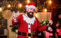 Sparkling wine. Santa claus drinking champagne. Celebrate winter holidays. Indulge yourself in joy. Man bearded santa Royalty Free Stock Photo