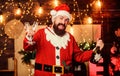 Sparkling wine. Santa claus drinking champagne. Celebrate winter holidays. Indulge yourself in joy. Man bearded santa Royalty Free Stock Photo