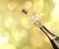 Sparkling wine splashing out of bottle and glasses on color background, bokeh effect Royalty Free Stock Photo