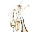 Sparkling wine splashing out of bottle and glasses on white background Royalty Free Stock Photo