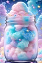 The sparkly cotton candy in glass jar, with magical elements, cute food design, dreamlike