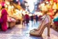 sparkly high heels, vibrant city market background