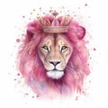 Sparkly Pink Lion Princess Illustration on White Background for Children\'s Invitations and Posters.