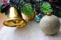 Sparkly and shiny christmas tree ornament. Golden christmas bells and christmas tree on the background. Royalty Free Stock Photo