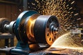 sparks cascading from a grinder as it sculpts metal, intense focus on the bright trail of the sparks