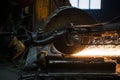 Sparks from circular saw at steel factory. Metal sawing close up. Royalty Free Stock Photo