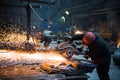 Sparks from circular saw at steel factory. Metal sawing close up. Royalty Free Stock Photo