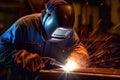 Sparks of Craftsmanship Metal Welder Mastering Steelwork with Electric Arc Welding Machine in Workshop. created with Generative AI