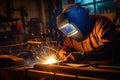 Sparks of Craftsmanship Metal Welder Mastering Steelwork with Electric Arc Welding Machine in Workshop. created with Generative AI