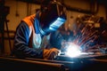 Sparks of Craftsmanship Metal Welder Mastering Steelwork with Electric Arc Welding Machine in Workshop. created with Generative AI