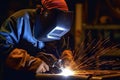 Sparks of Craftsmanship Metal Welder Mastering Steelwork with Electric Arc Welding Machine in Workshop. created with Generative AI