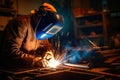 Sparks of Craftsmanship Metal Welder Mastering Steelwork with Electric Arc Welding Machine in Workshop. created with Generative AI