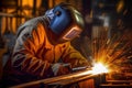 Sparks of Craftsmanship Metal Welder Mastering Steelwork with Electric Arc Welding Machine in Workshop. created with Generative AI