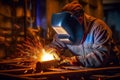 Sparks of Craftsmanship Metal Welder Mastering Steelwork with Electric Arc Welding Machine in Workshop. created with Generative AI