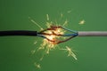 Sparks explosion between electrical cables, on green background, fire hazard concept, soft focus close up Royalty Free Stock Photo