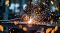 Sparks fly as a fitterwelder expertly joins two pieces of metal together with a welding torch creating a strong and