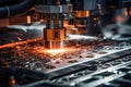 Sparks fly out machine head for metal processing laser metal on metallurgical plant Royalty Free Stock Photo