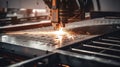 Sparks fly out machine head for metal processing laser metal on metallurgical plant background. Manufacturing finished Royalty Free Stock Photo