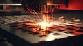 Sparks fly out machine head for metal processing laser metal on metallurgical plant background. Manufacturing finished Royalty Free Stock Photo