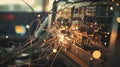 Sparks fly from a tangled array of wires connected to an electronic circuit board, indicating a possible short circuit Royalty Free Stock Photo