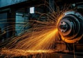 Sparks flying from a metalworking machine during a precision cutting process Royalty Free Stock Photo