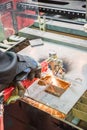 Sparks flying over the working table during metal grinding Royalty Free Stock Photo